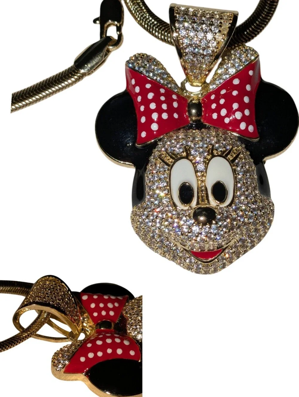 Gold Plated Zircon & Enamel Minnie Mouse Pendant Necklace